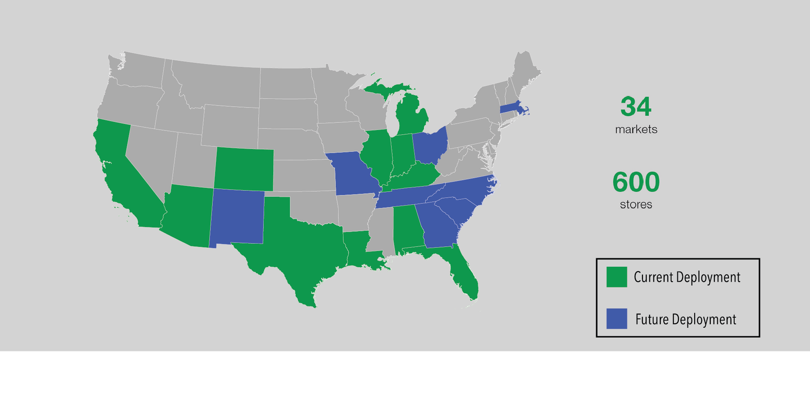 Coverage map published on the company's website showing 34 markets and 600 stores.